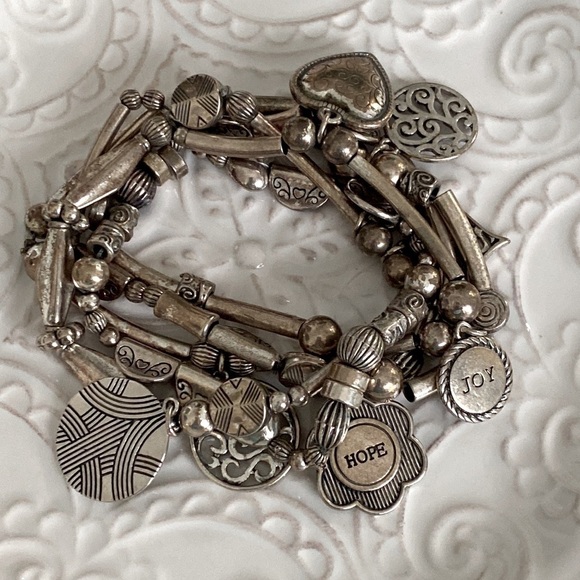 Lia Sophia Menagerie Charm Stretch Multi Strand Matte Silver Bracelet Bohemian - Picture 7 of 11